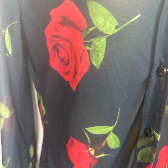 Vintage 90’s/Y2K Black Mesh RedRose Print Sheer Dark Romantic Whimsy-Goth Top M? - Picture 6 of 15